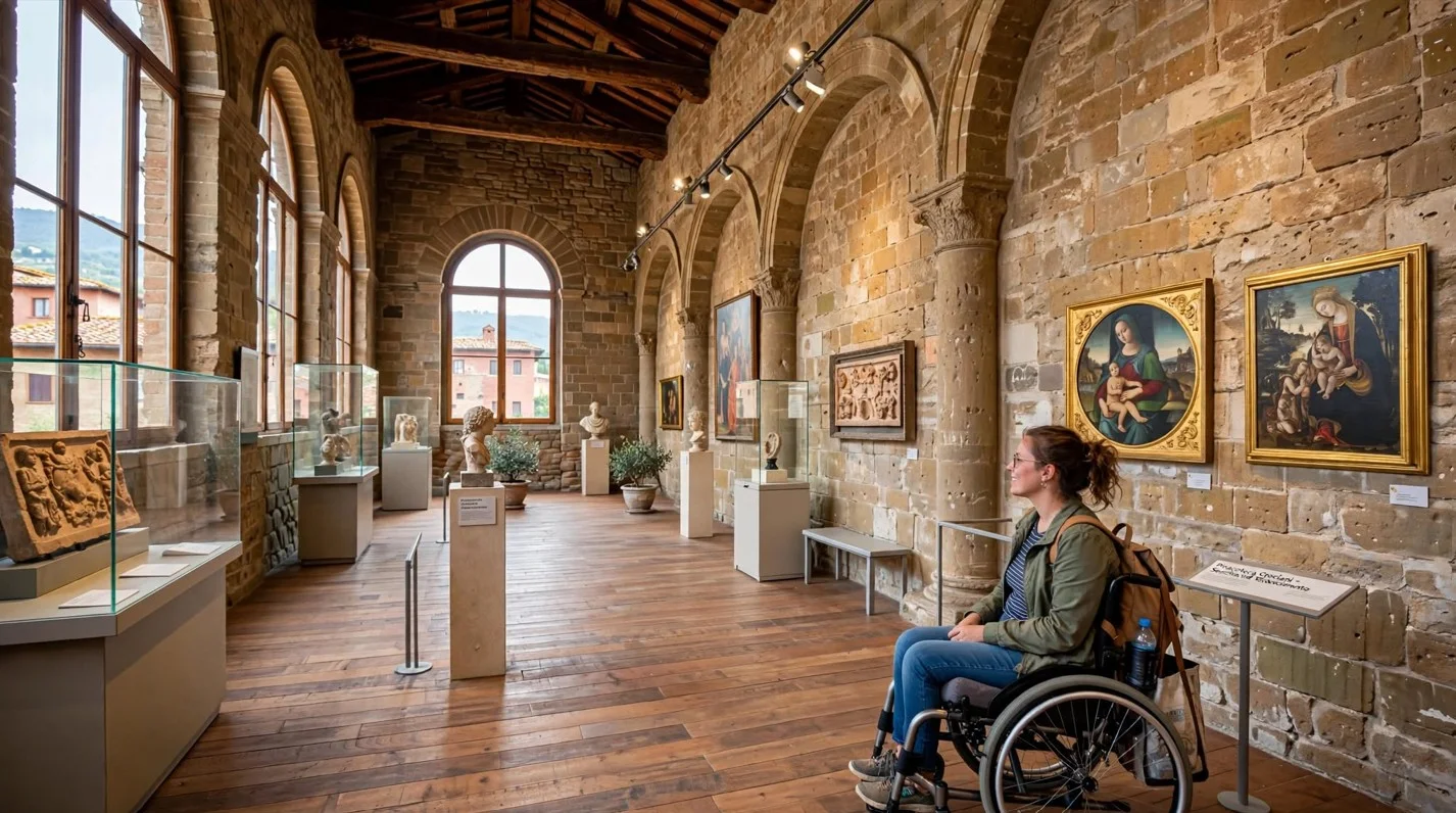 Wheelchair user inside the ground-floor gallery of Montepulciano's Civic Museum, looking at Della Robbia terracottas