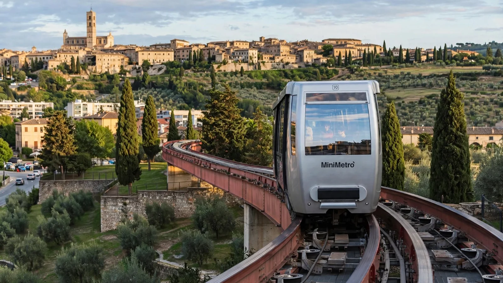 A silver and red driverless Minimetrò tram arriving at a modern glass station platform in Perugia