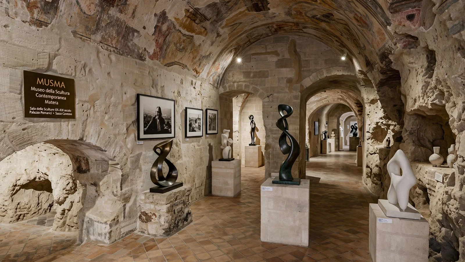 Stone courtyard of Palazzo Pomarici housing the MUSMA Museum of Contemporary Sculpture in Matera