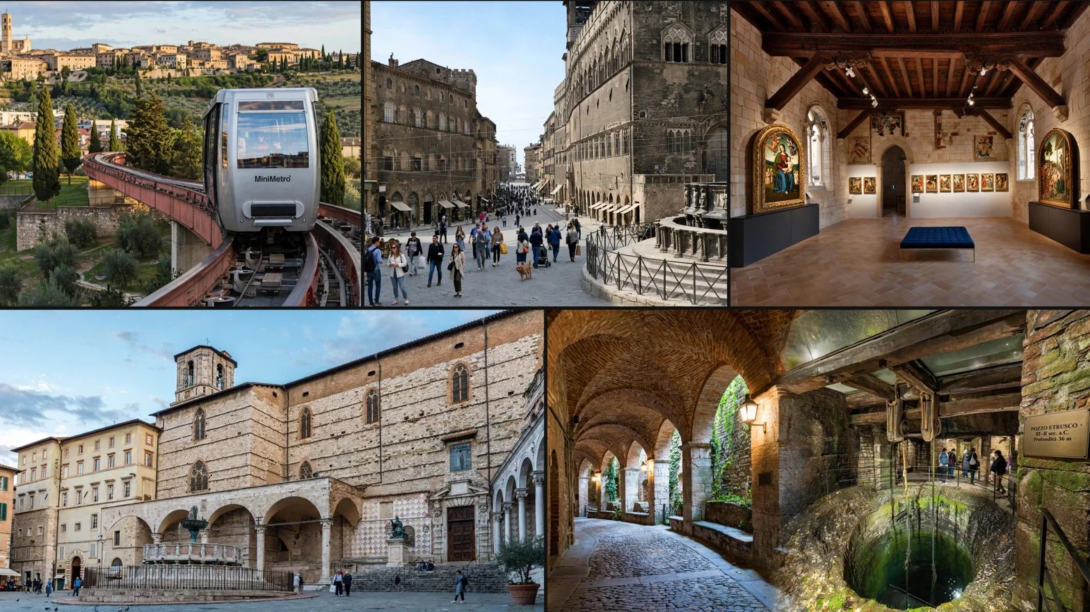 Collage of five Perugia landmarks covered in this wheelchair accessibility guide: the Minimetrò tram, Piazza IV Novembre, Palazzo dei Priori, the Cathedral of San Lorenzo and Rocca Paolina
