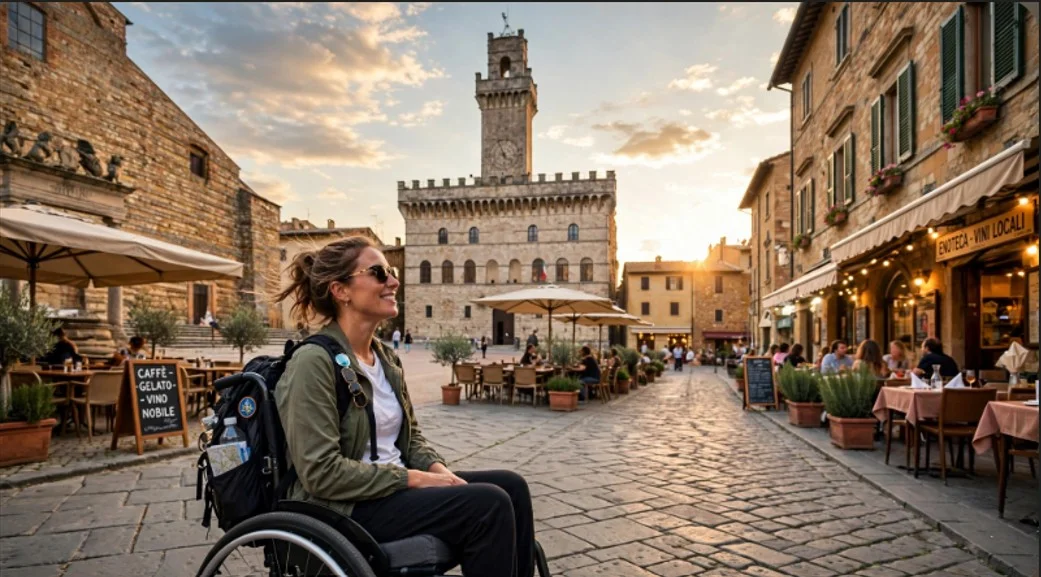 Wheelchair user crossing the smooth central paving of Piazza Grande in Montepulciano, with the Cathedral and Town Hall behind