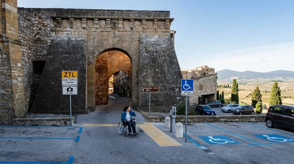 Car with a disability permit parked in a reserved space on Piazza Grande in Montepulciano, with the Town Hall in the background