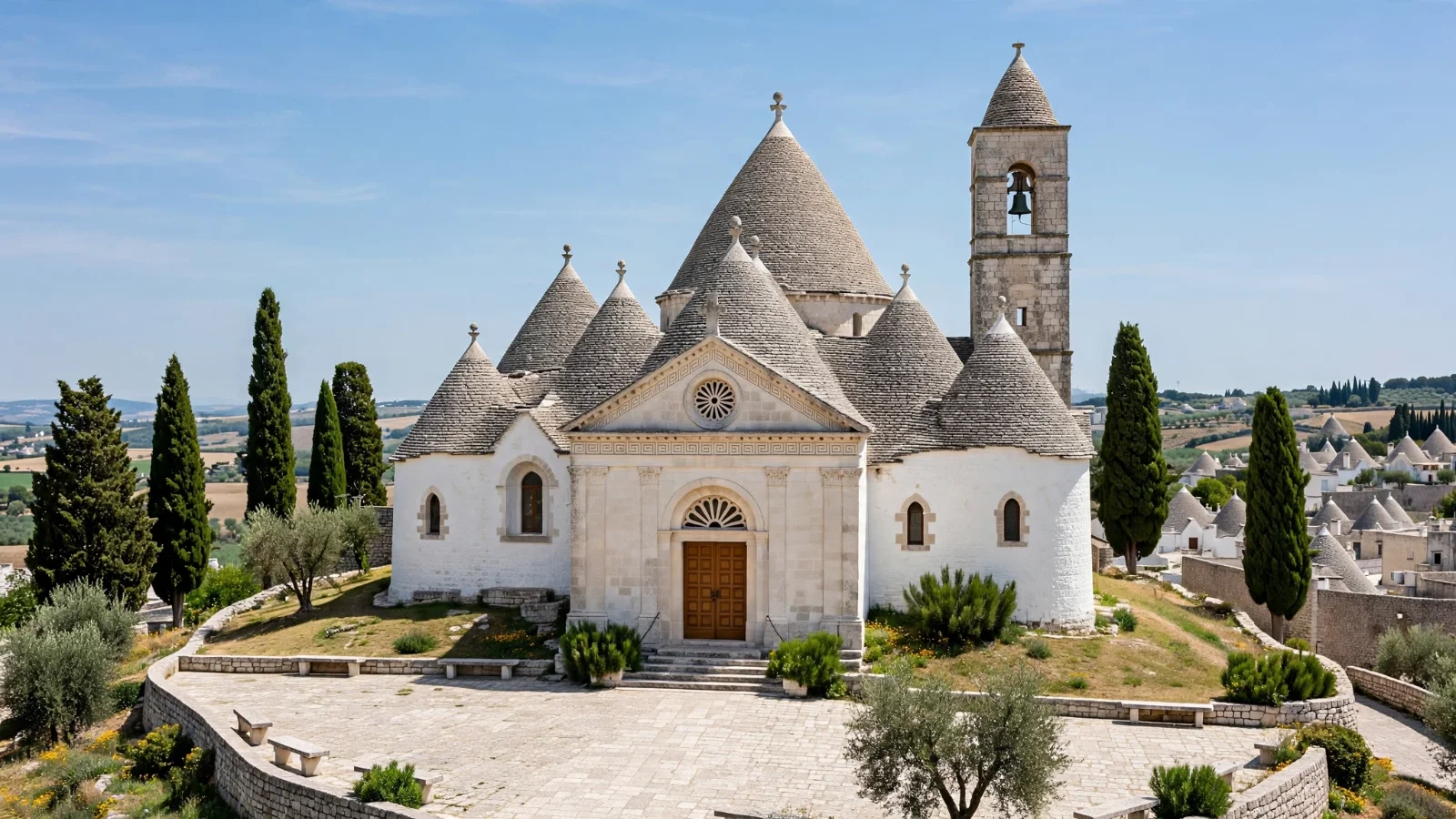 Church of Sant'Antonio in Alberobello, a white trullo-style church with conical roofs and a bell tower, with steps leading up to its wooden door (AI generated)