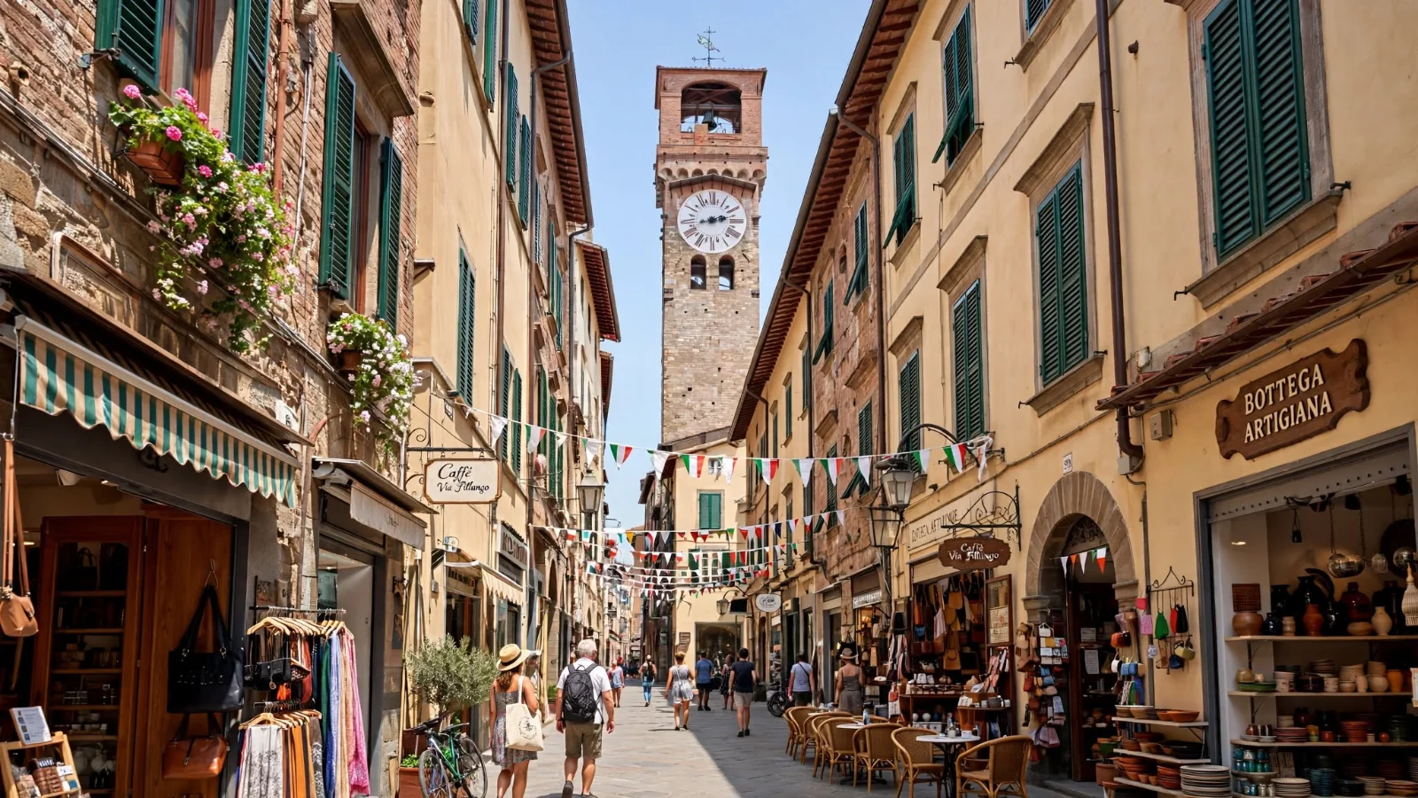 Medieval stone Torre delle Ore clock tower with its white Roman-numeral clock face rising above flat stone-paved Via Fillungo in Lucca