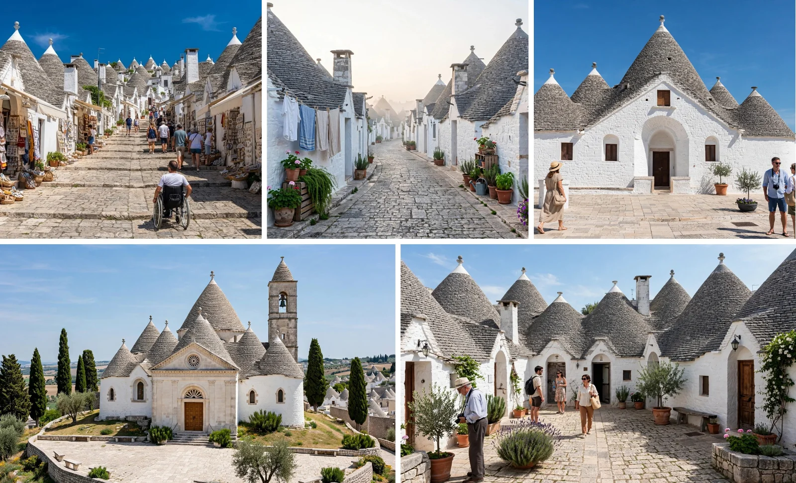 Collage of five Alberobello scenes: a stepped shopping lane with a wheelchair user, a misty cobbled lane, the Trullo Sovrano, the Church of Sant'Antonio and a trulli courtyard (AI generated)