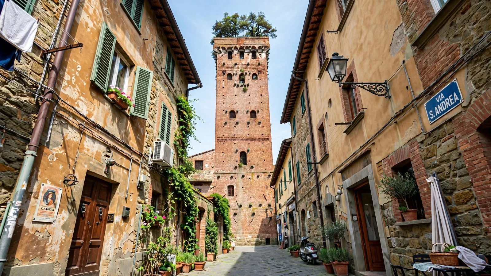 Medieval red-brick Torre Guinigi in Lucca crowned with green holm-oak trees at its rooftop garden, viewed from Via Sant'Andrea below