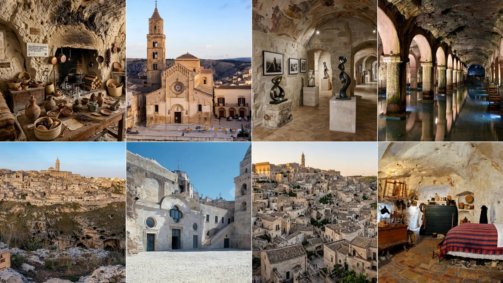 Collage of eight Matera sights tested for wheelchair accessible travel: Sasso Barisano, Matera Cathedral, San Pietro Barisano, Casa Grotta del Casalnuovo, Casa Grotta di Vico Solitario, Palombaro Lungo, MUSMA and Belvedere Murgia Timone