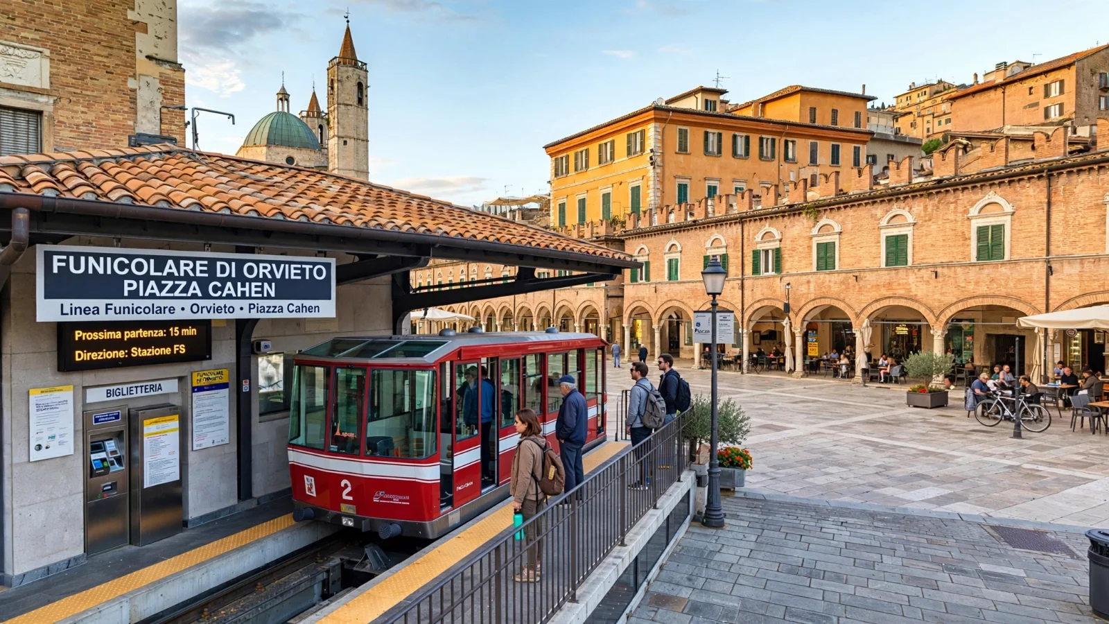 Orvieto funicular connecting the railway station in the valley with Piazza Cahen in the historic center