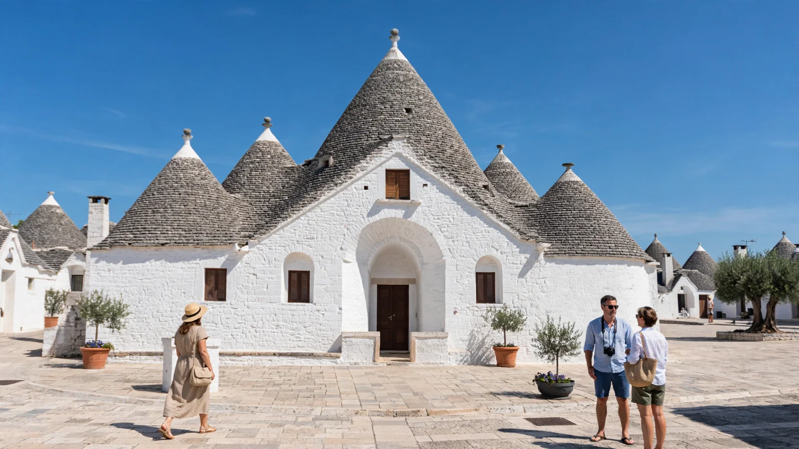 Whitewashed Trullo Sovrano with several conical stone roofs and an arched entrance, with visitors on the paved square in front (AI generated)