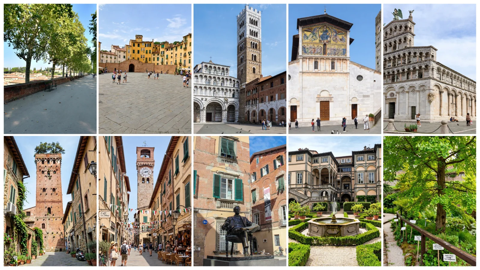Collage of Lucca's top 10 sights tested for wheelchair accessibility, including the Renaissance Walls, Piazza dell'Anfiteatro, Duomo di San Martino, Torre Guinigi, Palazzo Pfanner, and Orto Botanico