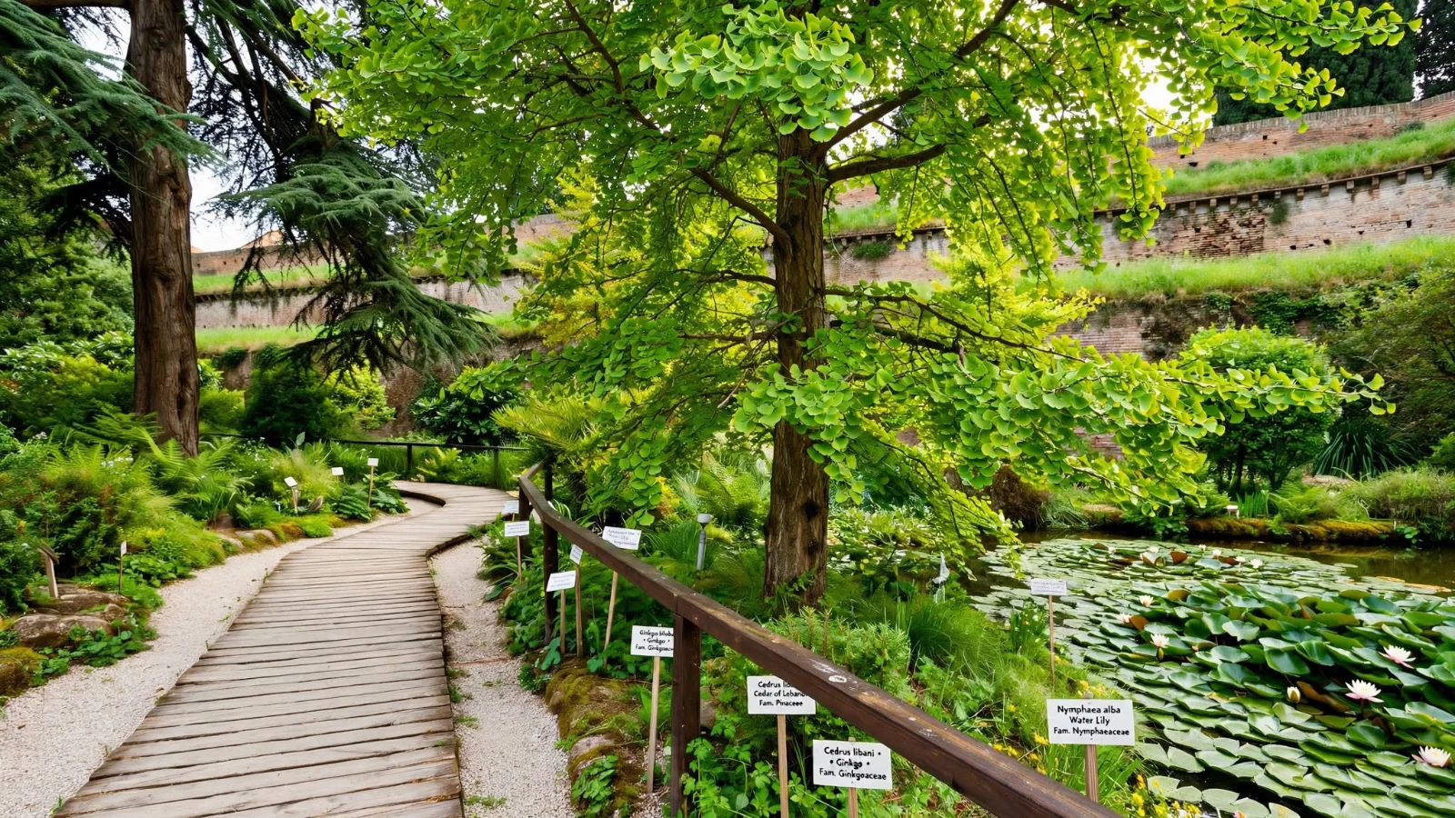 Lucca Botanical Garden Orto Botanico showing the accessible wooden-plank boardwalk path over gravel beside a water lily pond and the brick city walls