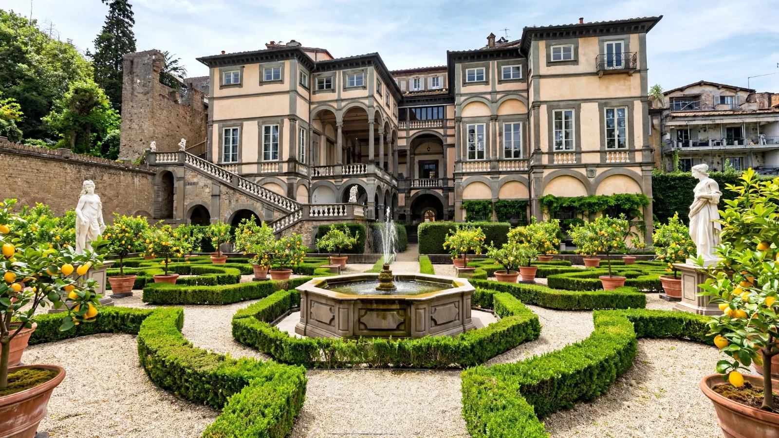 Baroque garden of Palazzo Pfanner in Lucca with gravel paths, boxwood hedges, lemon trees, marble statues, octagonal fountain, and the monumental external stone staircase