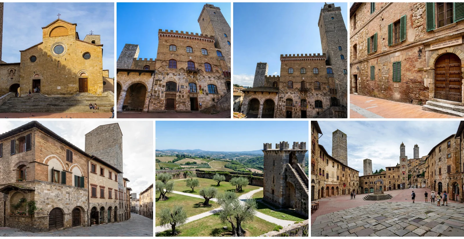 Collage of San Gimignano's medieval towers, Piazza della Cisterna, the Duomo, Palazzo Comunale and Torre Grossa assessed for wheelchair accessibility