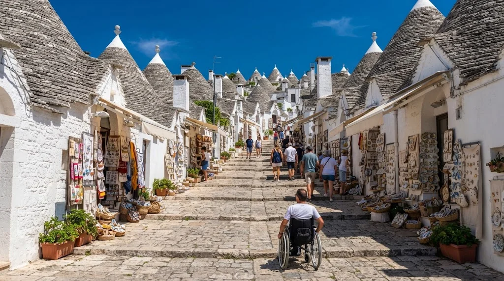 Wheelchair user on a stepped cobblestone street lined with trulli and souvenir shops in Rione Monti, Alberobello (AI generated)
