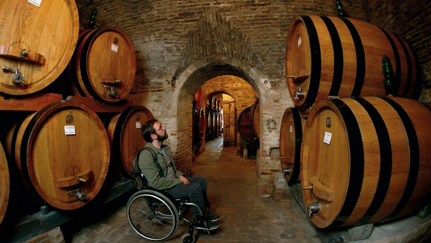 Winery staff placing a portable iron ramp for a wheelchair user at the entrance of the Contucci Cellars in Montepulciano