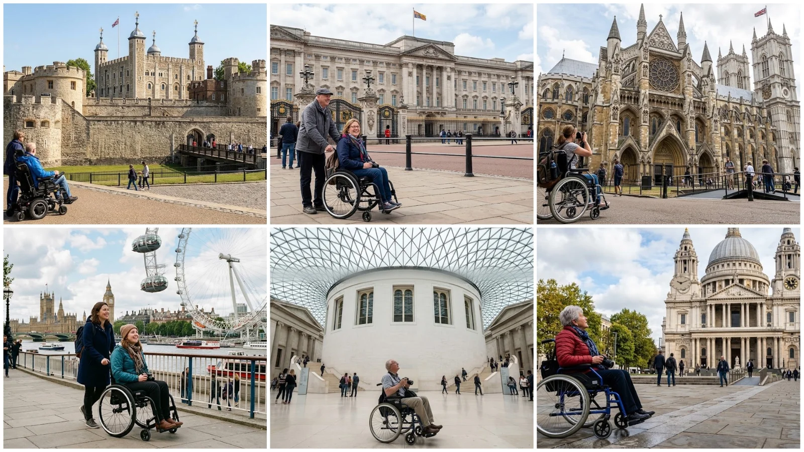 Collage of six London landmarks tested for wheelchair accessibility: the Tower of London, Buckingham Palace, Westminster Abbey, the London Eye, the British Museum and St Paul's Cathedral