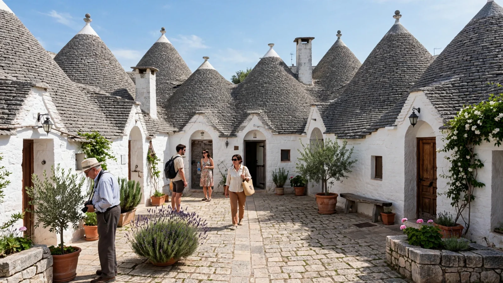 Visitors in a paved courtyard surrounded by trulli with conical roofs, olive trees and lavender at the Museo del Territorio, Alberobello (AI generated)