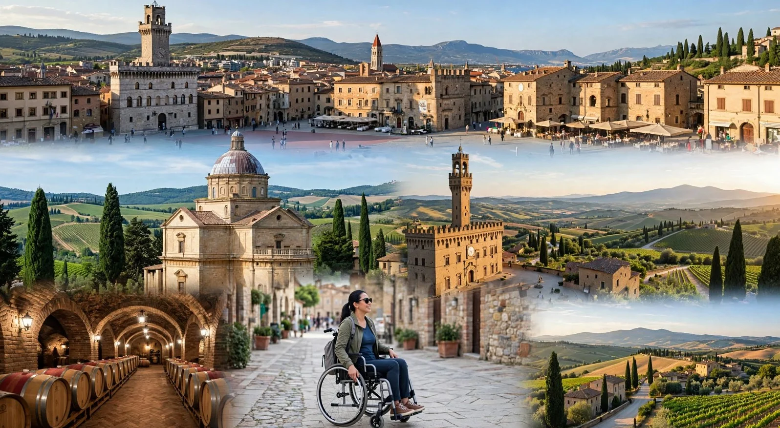 Collage of Montepulciano's old town and cellars showing a wheelchair user moving through the historic center