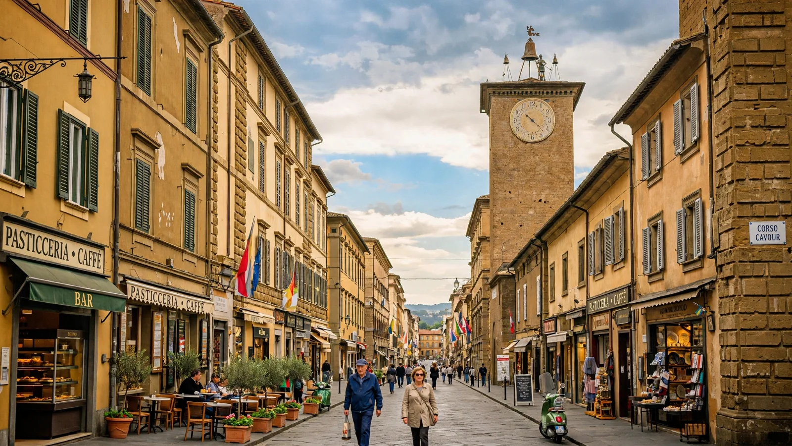 View along Corso Cavour in Orvieto toward the tall brick clock tower of Torre del Moro
