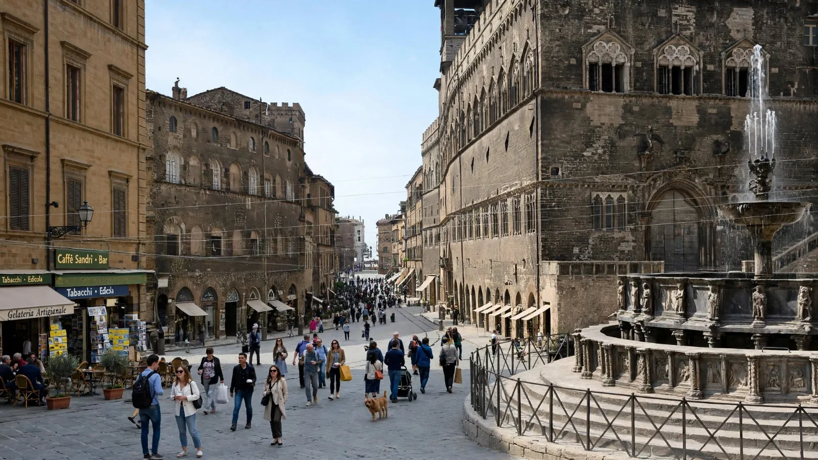 Wide view along Corso Vannucci toward Piazza IV Novembre and the circular marble Fontana Maggiore in Perugia