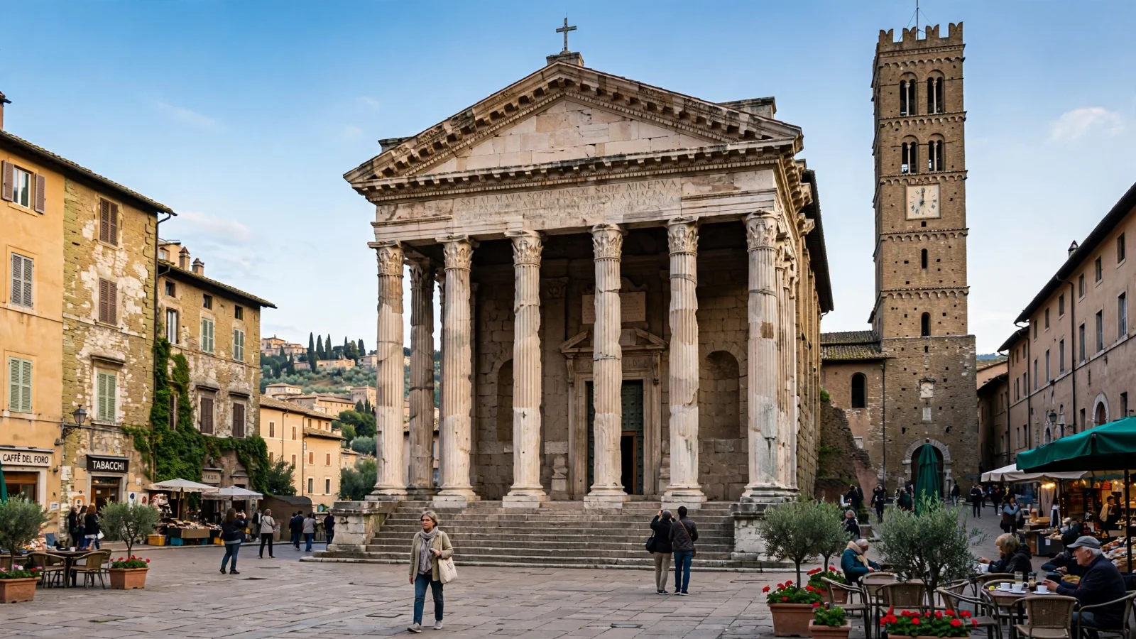 Temple of Minerva in Assisi, an ancient Roman temple with Corinthian columns and a wide flight of stone steps up to the portico, on Piazza del Comune beside a medieval bell tower and cafe tables