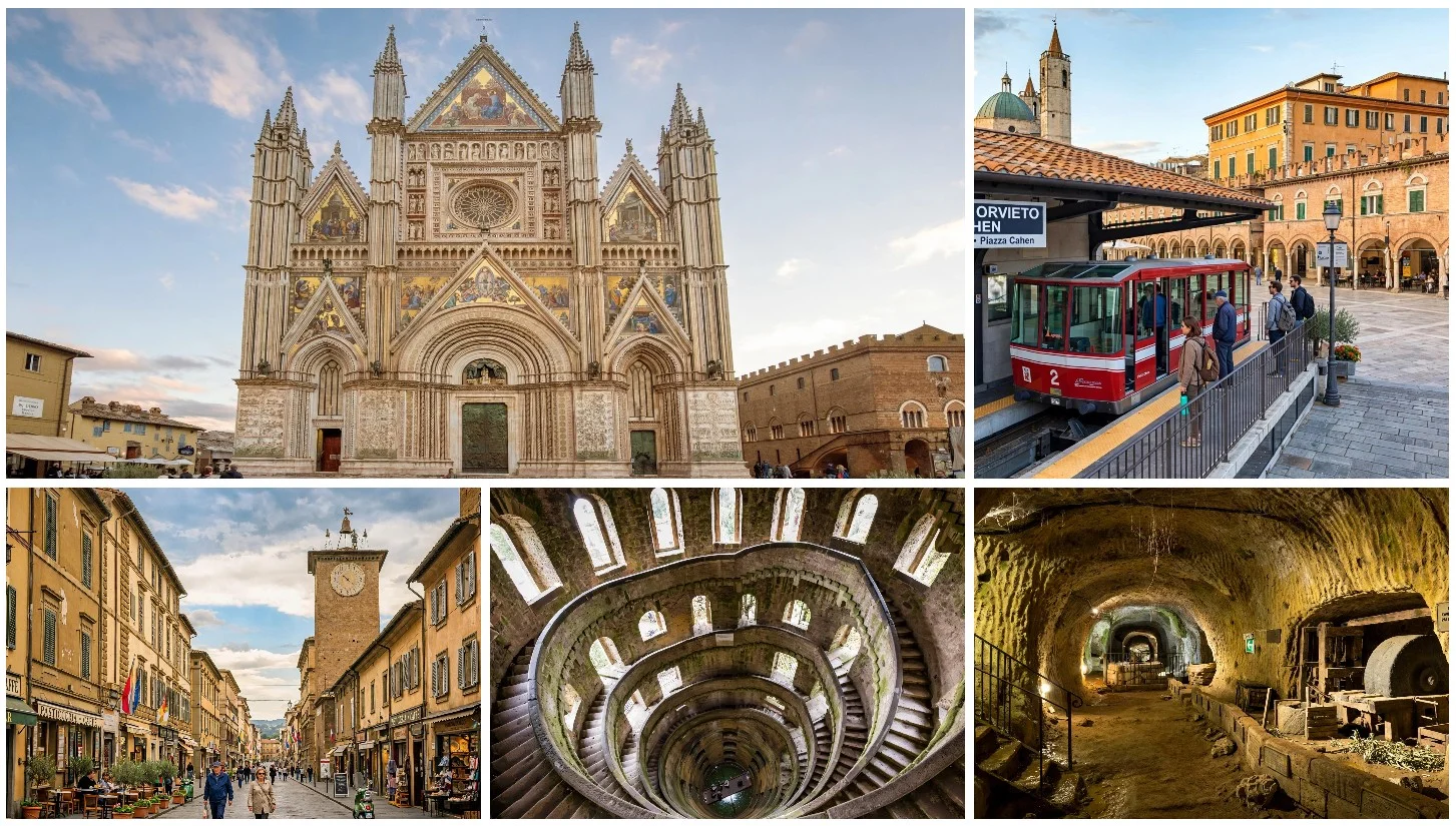 Collage of five landmarks in Orvieto, Italy: the Orvieto Funicular, Duomo di Orvieto, Pozzo di San Patrizio, Orvieto Underground caves, and Torre del Moro, the sights checked for wheelchair access in this guide