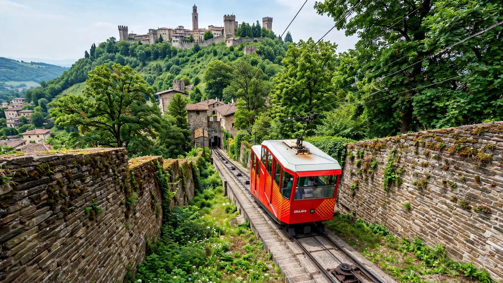 Red funicular railway car climbing the steep track toward Bergamo Città Alta between stone walls and green trees