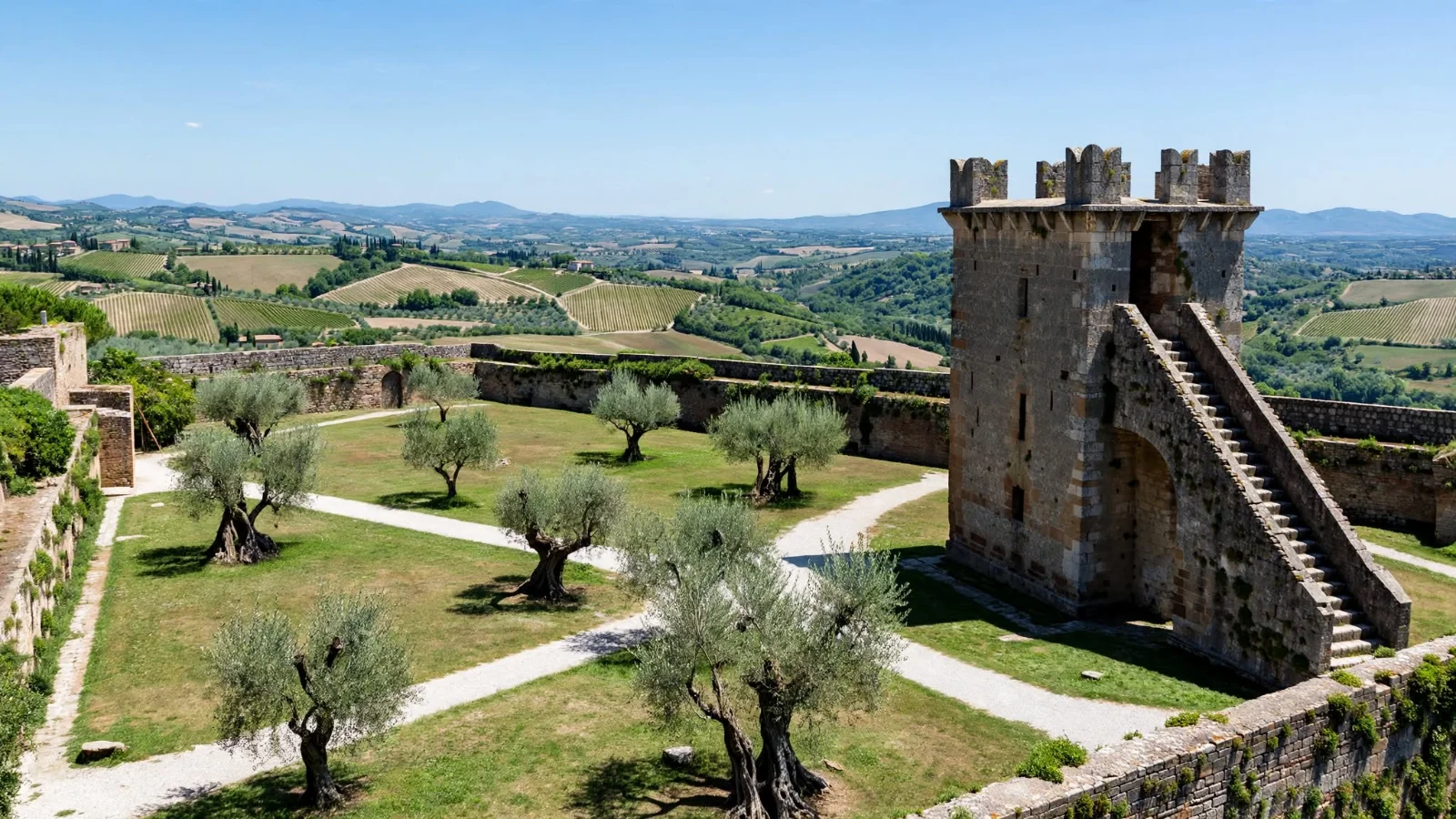 Courtyard park and surviving square stone lookout tower of Rocca di Montestaffoli fortress in San Gimignano surrounded by medieval stone walls