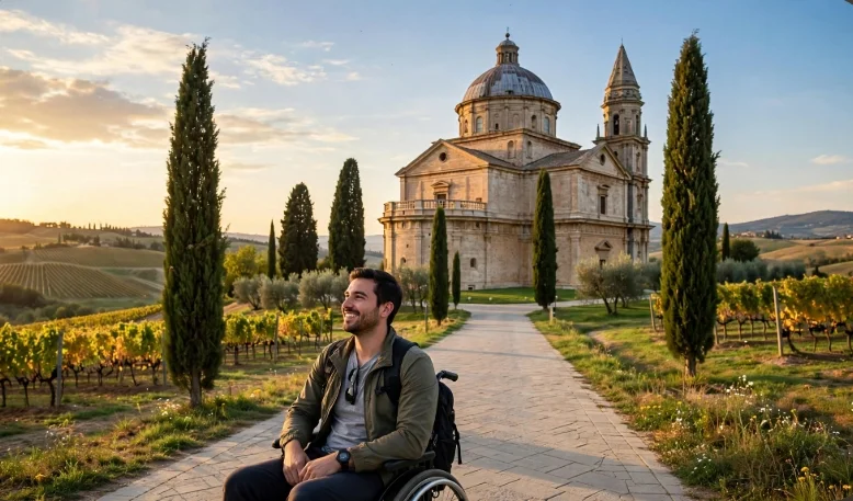 Wheelchair user approaching the entrance of Tempio di San Biagio, the travertine church with a central dome near Montepulciano