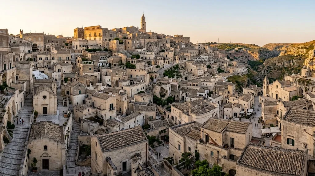 Paved main road curving through the Sasso Barisano cave district in Matera alongside stepped stone side alleys