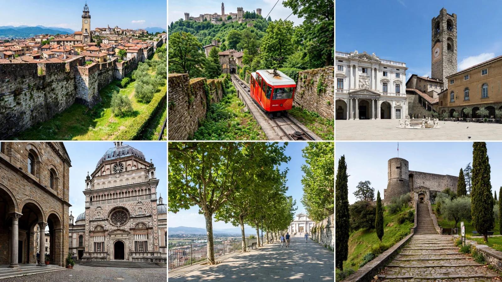 Bergamo Città Alta with the Venetian Walls, the Campanone tower and the funicular railway, the step-free route up for wheelchair users