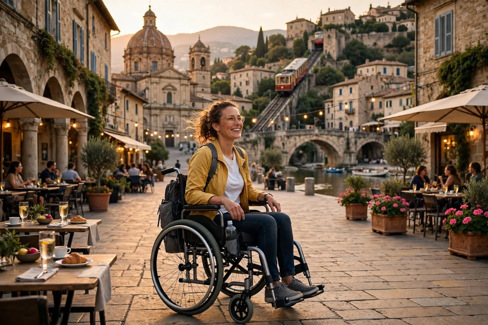 Smiling wheelchair user in a stone-paved square of a European hill town at sunset, with a domed church, a funicular climbing the hillside, and cafe tables around her